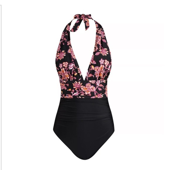Cupshe Floral Black One Piece Halter Swimsuit Size Medium